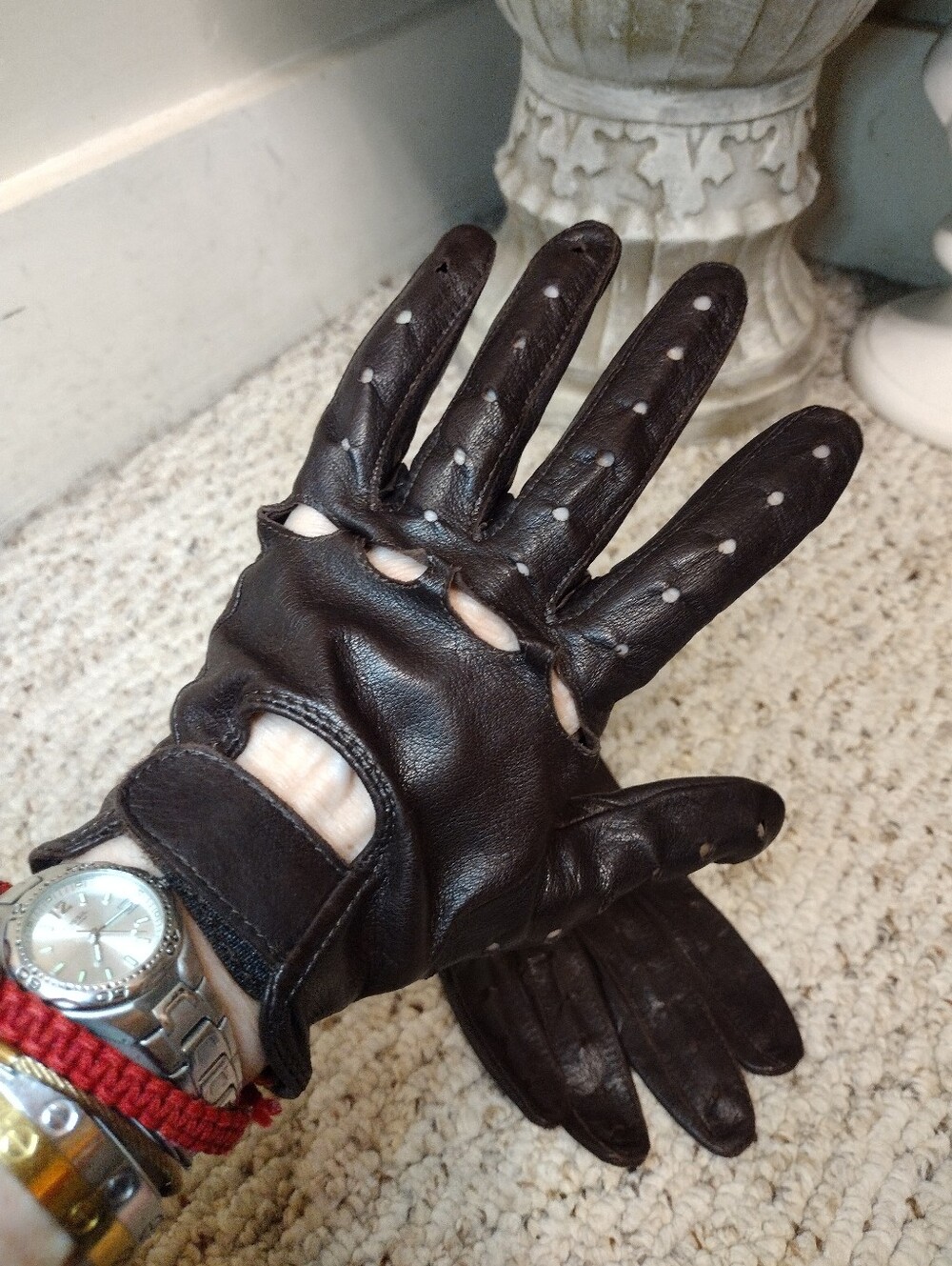 Vintage Men's Tannery West Dark Brown Leather Driving Gloves Size Small